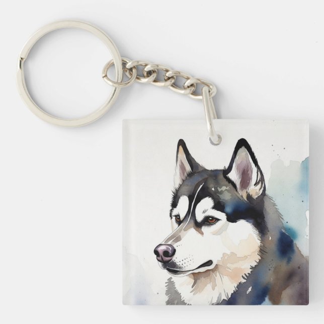 Ilustración artística de llavero de Husky en acuar (Frente)
