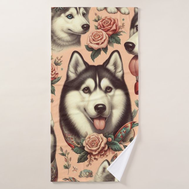Ilustracion Cute Vintage Siberian Husky (Toalla de baño)