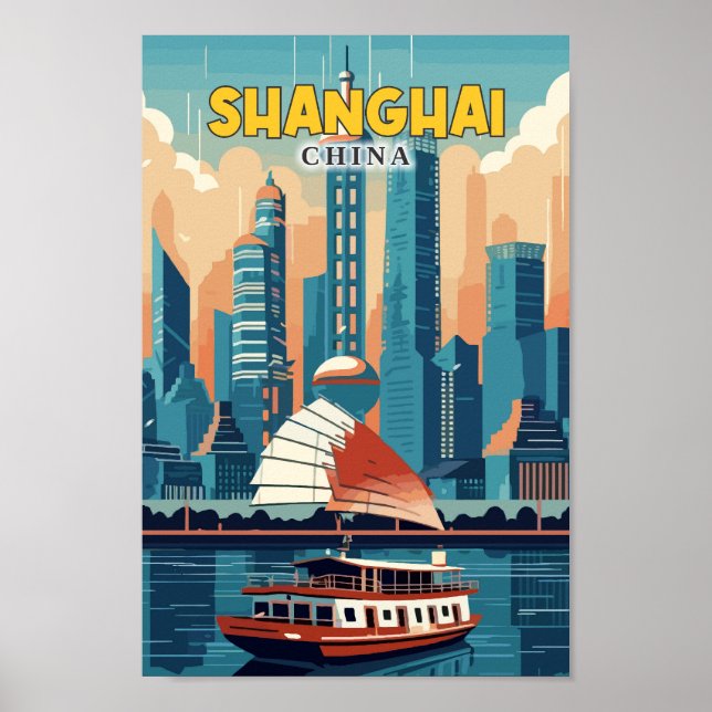 Ilustracion de arte de viajes de Shanghai China (Frente)