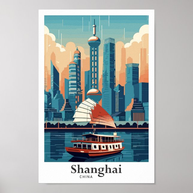 Ilustracion de arte de viajes de Shanghai China (Frente)
