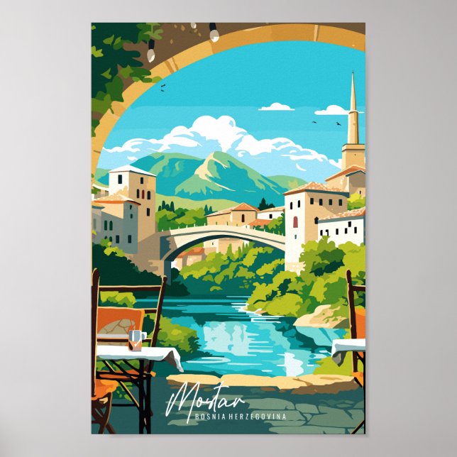 Ilustracion de arte de viajes Mostar Bosnia (Frente)