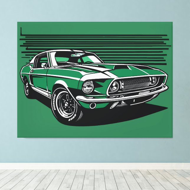 Ilustración de Arte Pop Lateral de Muscle Car Verd (Insitu (piso de madera))