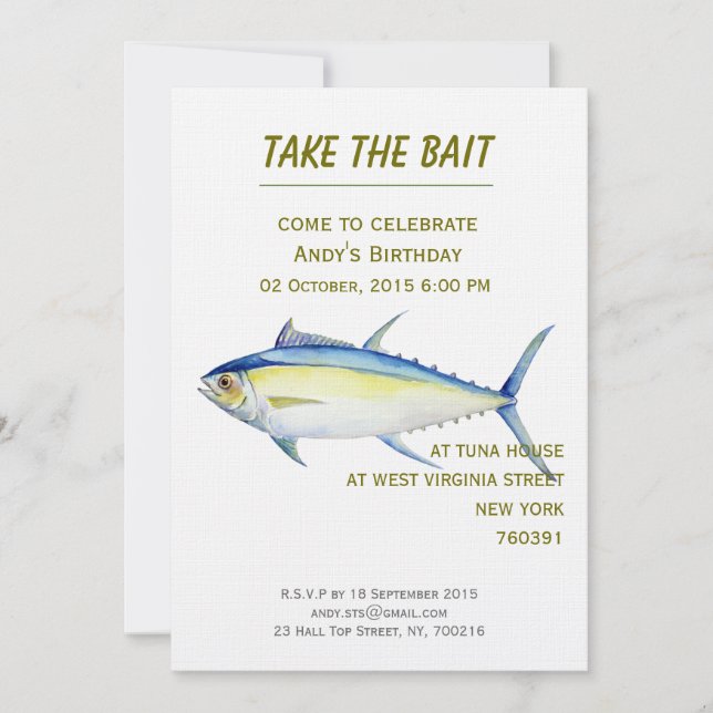 Ilustracion de atún con invitación al cumpleaños (Anverso)