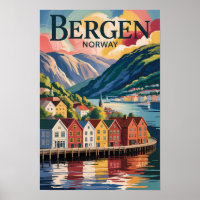 Ilustración de Bergen Noruega Arte de Viaje Vintag