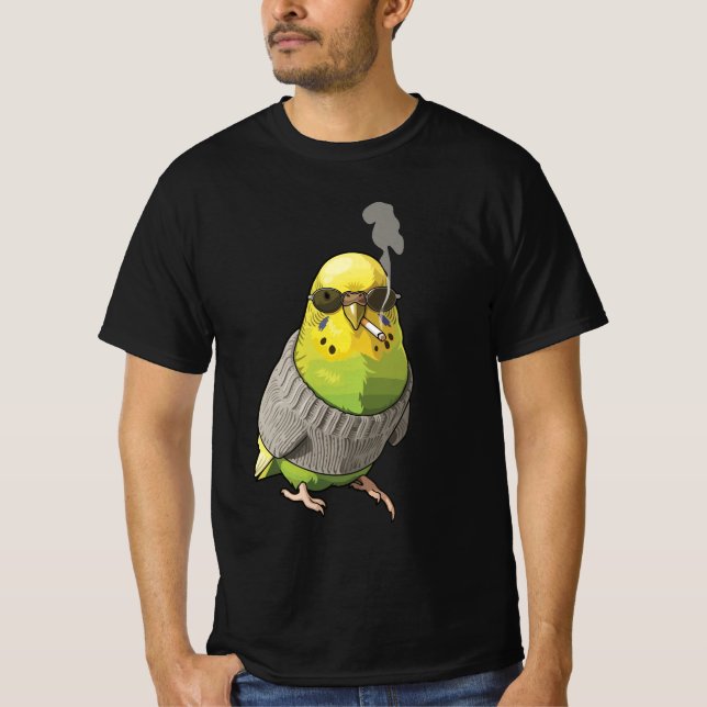 Ilustración de Budgie genial con suéter gris y gaf (Anverso)