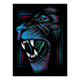 Ilustracion de cabeza de león azul rosado - Poster