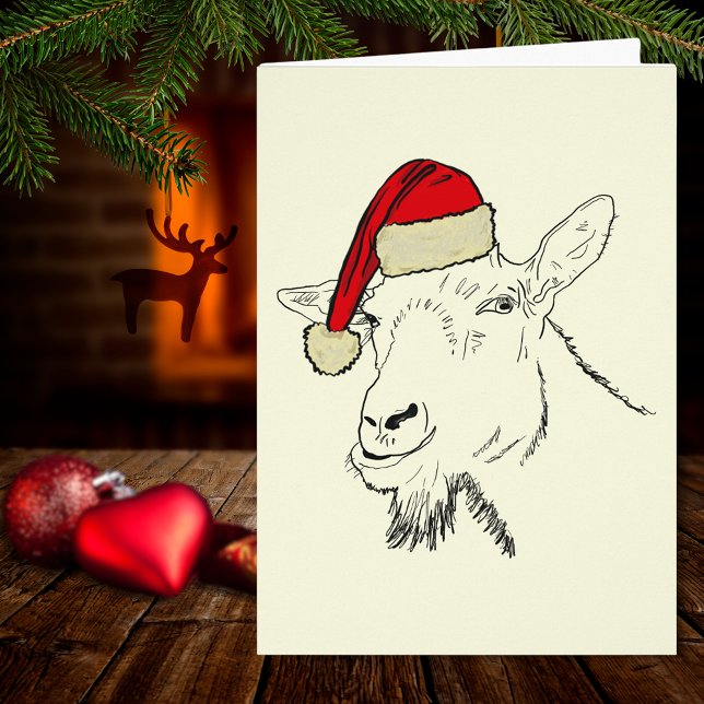 Ilustración de cabra con sombrero de Santa (Christmas goat wearing a santa hat simple farm animal drawing holiday greetings card)