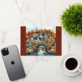 Ilustracion de Casas de Barcos Puente de Otoño