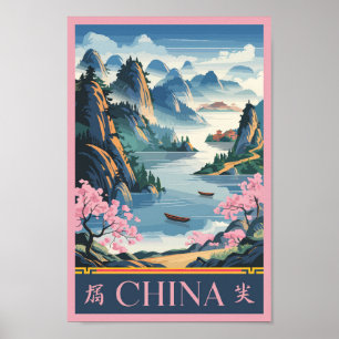 Ilustración de China Rosa Arte de Viaje Vintage