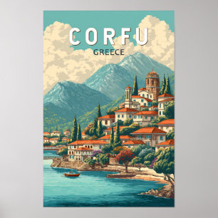Ilustración de Corfú Grecia Arte de Viaje Vintage
