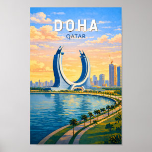 Ilustración de Doha Qatar Arte de Viaje Vintage