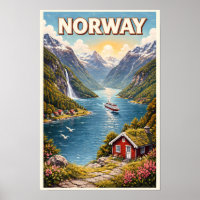 Ilustración de fiordo de Noruega Arte de viaje vin