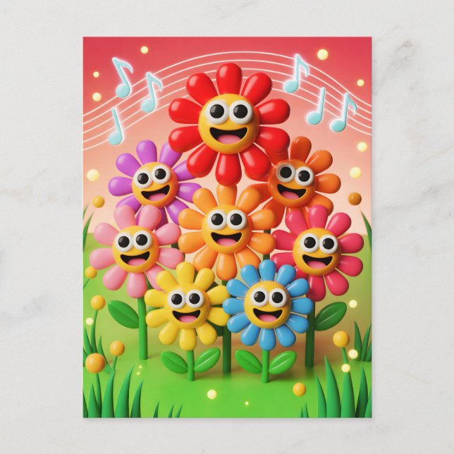 Ilustración de flores cantando con notas musicales (Anverso)