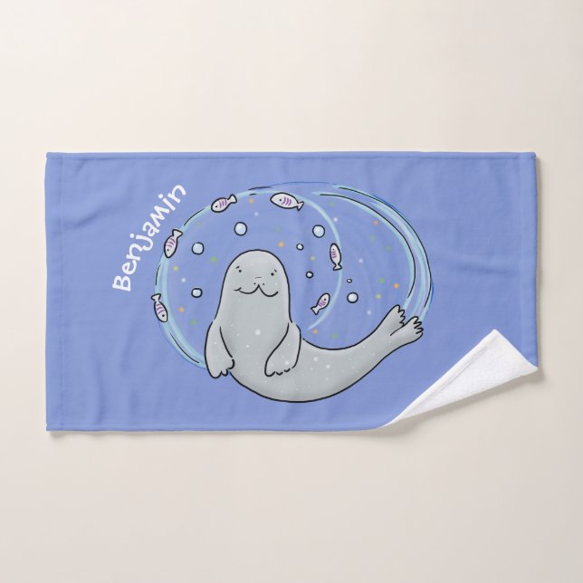 Ilustracion de foca feliz y personalizado azul de  (Toalla de mano)