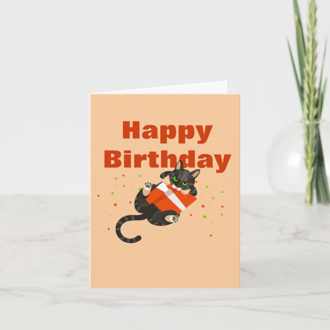 Ilustración de gato en tarjeta "Feliz Cumpleaños" (Anverso)