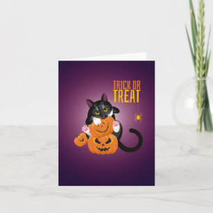 Ilustración de gato en tarjeta "Feliz Halloween"