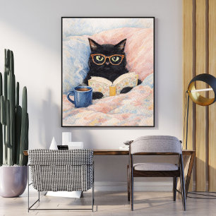 ilustración de gato leyendo arte de gato negro