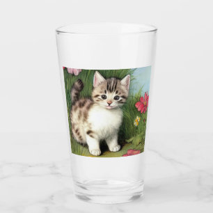 Ilustracion de gato vintage con flores rojas