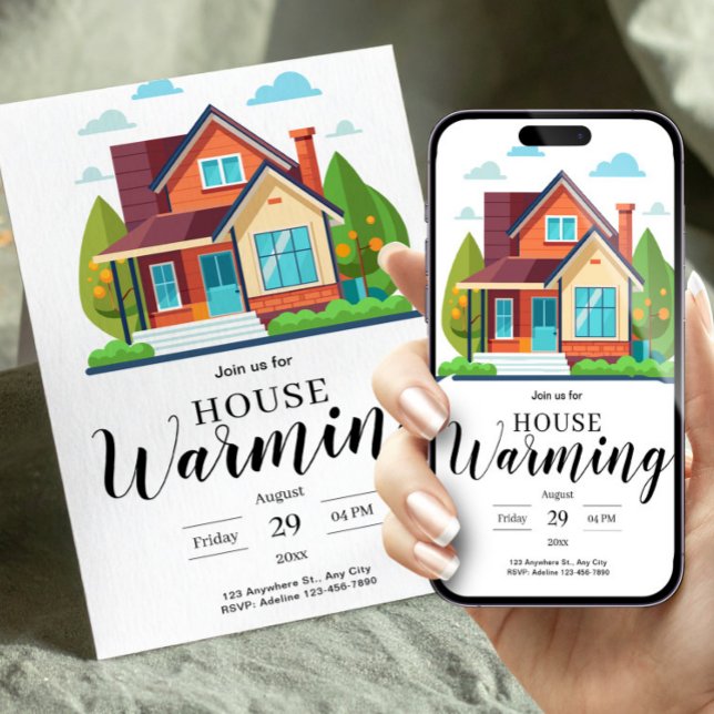 Ilustración de hogar moderno Verde Invitación de i (Modern Home Illustration Green Brown Housewarming Invitation, Home Sweet Home, New Apartment Invite)