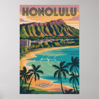 Ilustración de Honolulu Hawái Arte de viaje vintag