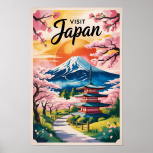 Ilustración de Japón Monte Fuji Arte de Viaje Vint