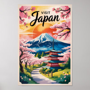 Ilustración de Japón Monte Fuji Arte de Viaje Vint