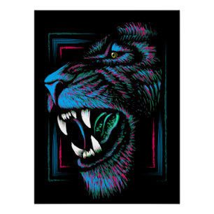 Ilustracion de león azul rosado - Poster con brill
