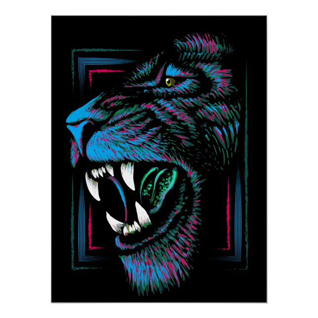 Ilustracion de león azul rosado - Poster con brill (Anverso)