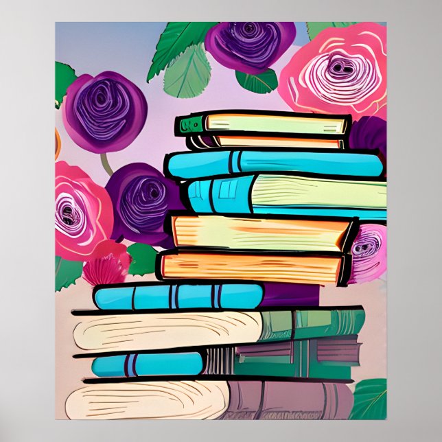 Ilustracion de libros y flores arte digital (Frente)