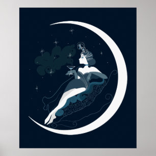 Ilustración de moda, deco-mujer de arte con luna