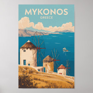 Ilustración de Mykonos Grecia Arte de Viaje Vintag
