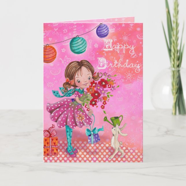 Ilustración de niña en cumpleaños | Tarjeta de cum (Anverso)