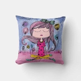 Ilustración de niña soñadora en almohada decorativ