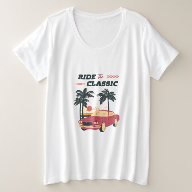 Ilustración de playa con coche clásico retro (Anverso del diseño)