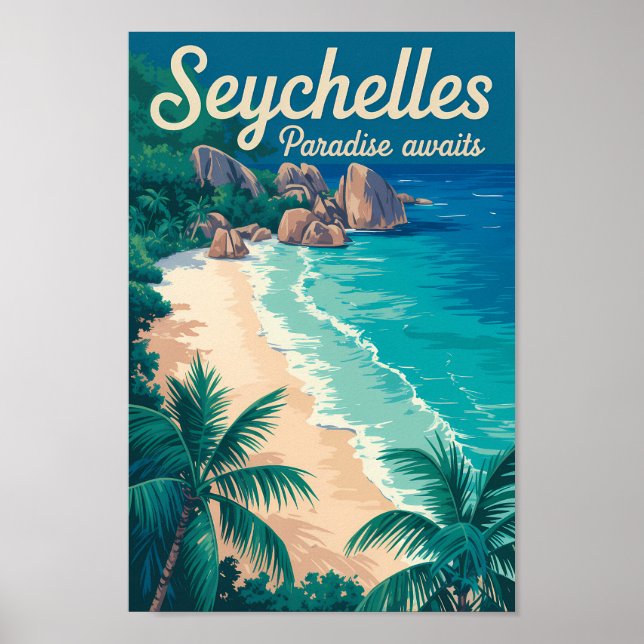 Ilustración de playa de Seychelles Arte de viaje v (Frente)