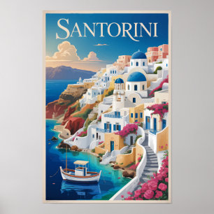 Ilustración de Santorini Grecia Arte de Viaje Vint
