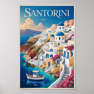 Ilustración de Santorini Grecia Arte de Viaje Vint