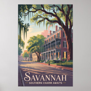 Ilustración de Savannah Georgia Arte de Viaje Vint