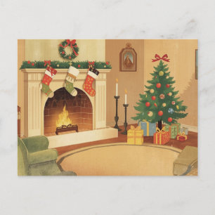 Ilustración de tarjeta postal de sala de Navidad a