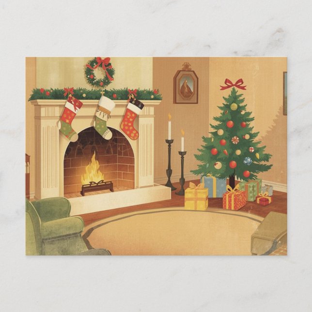 Ilustración de tarjeta postal de sala de Navidad a (Anverso)