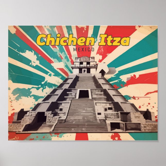 Ilustración de viaje de arte pop de Chichen Itza M (Frente)
