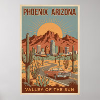 Ilustración de viaje de arte retro del sol de Phoe