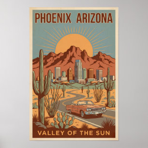 Ilustración de viaje de arte retro del sol de Phoe