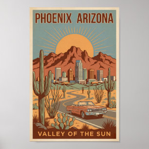 Ilustración de viaje de arte retro del sol de Phoe