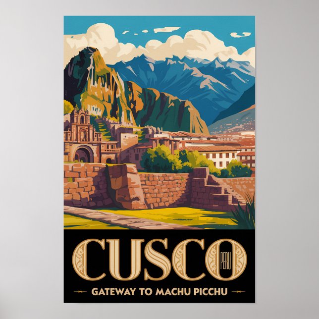 Ilustración de viaje de arte vintage Cusco Perú (Frente)
