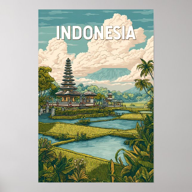 Ilustración de viaje de Indonesia Arte Vintage (Frente)