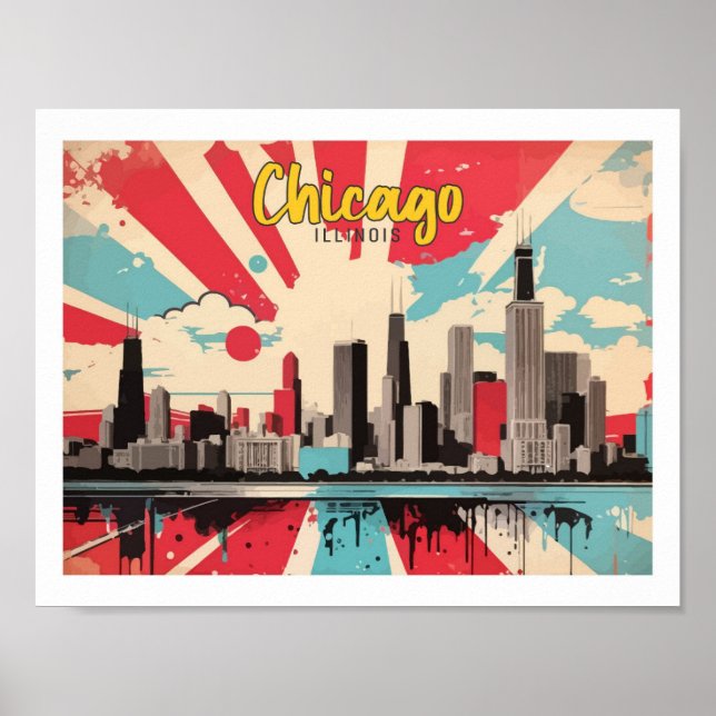 Ilustracion de viajes de arte pop de Chicago Illin (Frente)