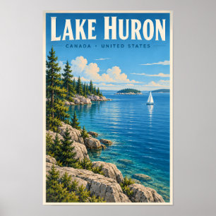 Ilustración del lago Huron Arte de viaje vintage
