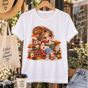 Ilustración Otoñal de Niña Lectora Adorable
