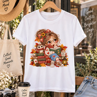Ilustración Otoñal de Niña Lectora Adorable